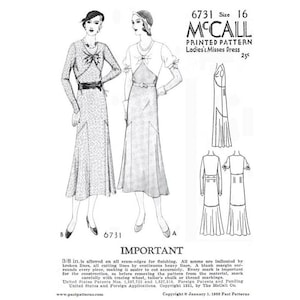 Patrones anteriores (6731 descargas) - Patrón de vestido de pajarita de la década de 1930 / Talla 16 (B34) / Reproducción de McCall de la época de la Gran Depresión / Formato PDF A0 A4 8,5"x11
