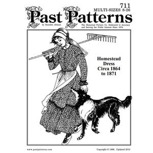May include: Black and white illustration of a woman wearing a long dress and a bonnet, holding a rake and walking a dog. The illustration is from a vintage sewing pattern for a Homestead Dress, Circa 1864 to 1871, by Past Patterns.