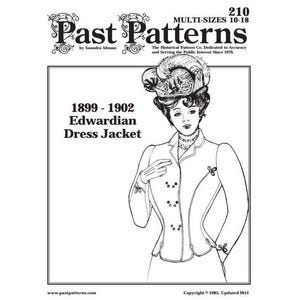 May include: A black and white line drawing of a woman wearing an Edwardian dress jacket. The pattern is from Past Patterns, a company dedicated to accuracy and serving the public interest since 1979. The pattern is for sizes 10-18 and is called "Edwardian Dress Jacket".