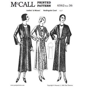 May include: A vintage McCall printed pattern for a Redingote Coat, size 36. The black and white illustration features three women in long coats. The text includes "Ladies' & Misses'" and "Copyright © January 1, 1985 Past Patterns."