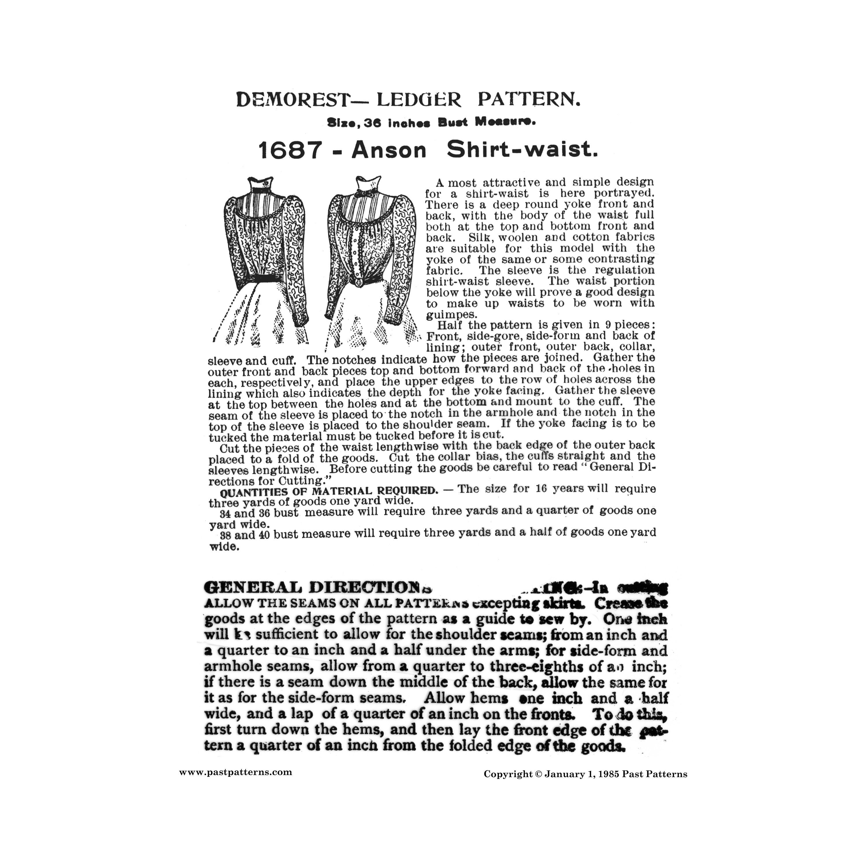 Past Patterns 1687 Download - Late 1890s Anson Shirt Waist Sewing ...