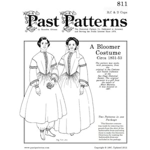 May include: Black and white line drawing of two women wearing 19th-century bloomer costumes. The image is from a sewing pattern for a bloomer costume circa 1851-53. The text reads "A Bloomer Costume Circa 1851-53".