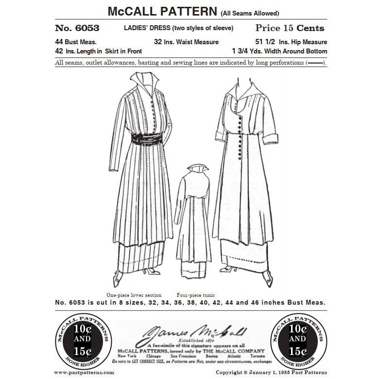Past Patterns 6053 - Mid 1910s Ladies Dress Pattern Bust 44
