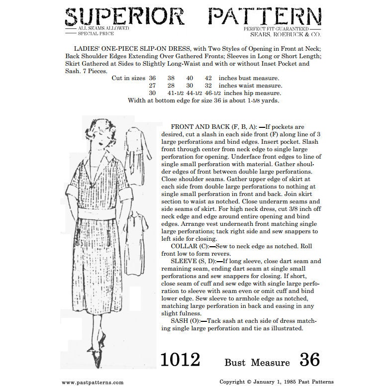 Past Patterns 1012 - 1920s Morning Dress Sewing Pattern Bust 36 B36 ...
