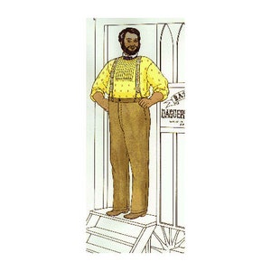 May include: Illustration of a man in a yellow shirt with diamond patterns, brown trousers, and braces. The man is standing on a platform. The shirt has long sleeves and a pleated front. The trousers are high-waisted. A sign with text is visible.