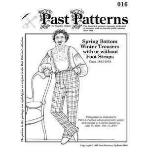 May include: A black and white line drawing of a man wearing a pair of plaid trousers with braces. The drawing is from a vintage sewing pattern for spring or winter trousers with or without foot straps. The pattern is from 1843-1856.
