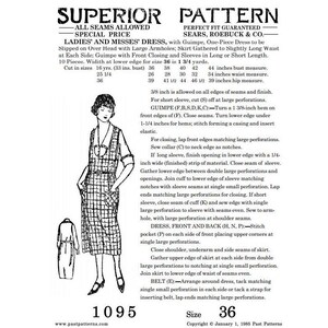 Op de afbeelding: Vintage naaipatroon voor een dames- en misses-jurk, met een Guimpe, maat 36. Het patroon bevat instructies en illustraties. De tekst luidt "SUPERIOR PATTERN" en "SEARS, ROEBUCK & CO."