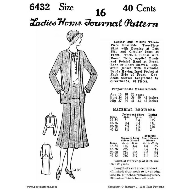 Past Patterns 6432 - 1930s Three Piece Ladies Suit Sewing Pattern Bust ...