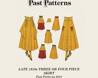 Patrones anteriores 9384 Descarga: Patrón de costura de falda de finales de la década de 1910, variaciones de tres o cuatro piezas / Formatos PDF A0 A4 8,5 x 11 / Moda eduardiana