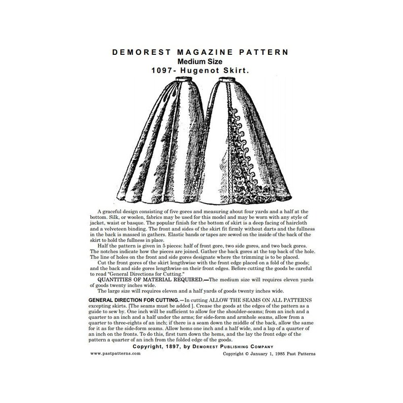 Past Patterns 1097 Download Late 1890s Huguenot Nine gore Skirt 