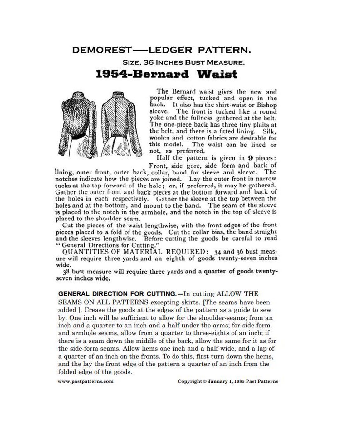 Past Patterns 1954B Download - Early 1900s Bernard Waist Sewing Pattern ...