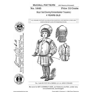 Past Patterns 1445 Download - Early 1900s Boys Suit Sewing Pattern for 4 Year Old McCalls reproduction Edwardian era 00s early 20th century