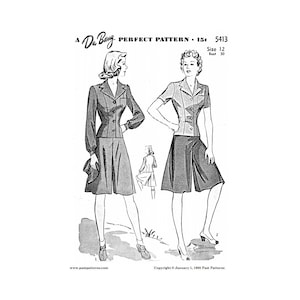 May include: Vintage sewing pattern illustration featuring two women modeling suits. The pattern is labeled "A Du Bany Perfect Pattern" with the price 15¢ and size 12, bust 30. The image includes the website www.pastpatterns.com and copyright information.