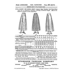 Puede incluir: Un patrón de costura vintage para una falda de seis gajos con cintura alta. El patrón incluye instrucciones para cortar y hacer la falda, así como un diagrama de las piezas del patrón. El patrón es de Standard Fashion Company y está fechado el 5 de septiembre de 1899.
