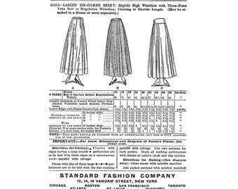 Past Patterns 9003 Download - Mid 1910s Six Gored Skirt Sewing Pattern Waist 28 w28 Hips 42 h42 Standard Fashion Pattern Co reproduction