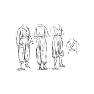 May include: A line drawing of three different styles of clothing. The first is a long-sleeved jumpsuit with a button-up front and pockets. The second is a short-sleeved jumpsuit with a button-up front. The third is a sleeveless jumpsuit with a V-neck.