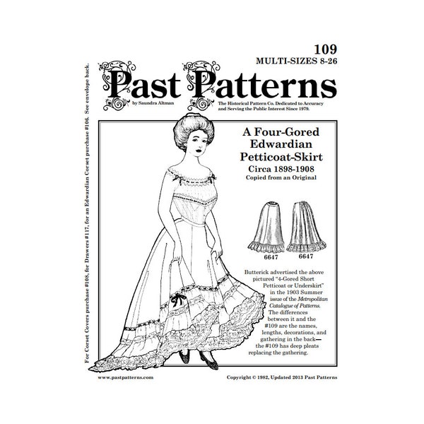 Past Patterns 0109 Download - Early 1900s Petticoat Sewing Pattern original design Four-Gored Waist Sizes 24-40 00s Lates 1890s 90s
