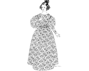 Frühere Muster 0003 - 1830er Jahre Volles hohes Kleid Schnittmuster | Regency Kleid | Oberweite 32-48 | Museum Qualität Bekleidungs-Konstruktion US-Geschichte