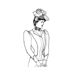 May include: A black and white line drawing of a woman wearing a hat with a feather and a long-sleeved jacket. She is holding a small object in her hands.