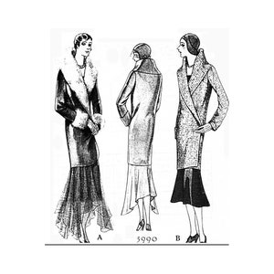 May include: A black and white line drawing of three women wearing different styles of coats. The woman on the left is wearing a coat with a fur collar and cuffs. The woman in the middle is wearing a coat with a simple collar. The woman on the right is wearing a coat with a large collar. The drawing is labeled with the letters A and B and the number 5990.