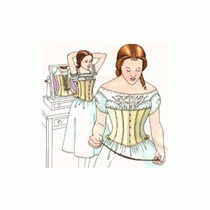 May include: Two women in vintage clothing, one is adjusting a white and yellow corset with lace trim, the other is looking in a mirror at a similar corset.