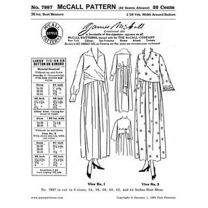 May include: A black and white vintage McCall's sewing pattern for a women's tie-on or button-on kimono. The pattern is for sizes 34-44 and includes two views. The pattern is from January 1, 1985. No. 7987 McCall Pattern (All Seams Allowed) 20 Cents 36 Ins. Bust Measure 2 3/8 Yds. Width Around Bottom