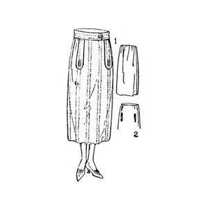 May include: A black and white line drawing of a long skirt with a high waistband, vertical pleats, and decorative buttoned tabs at the hips. The illustration includes two smaller diagrams labeled 1 and 2 showing the skirt's construction details.