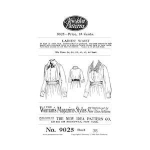 May include: A vintage sewing pattern for a women's waist, with a high or open neck, tucked or gathered fronts, and one-seam sleeves. The pattern includes instructions for making turn-back cuffs, which can be omitted. The pattern is for sizes 34 to 44 bust. The pattern is from the New Idea Pattern Co. and is dated January 1, 1985.