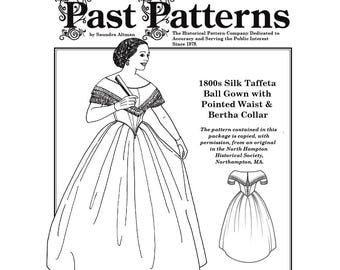 May include: A black and white line drawing of a woman wearing a ball gown with a pointed waist and a bertha collar. The drawing is from a pattern for a 1800s silk taffeta ball gown. The text "1800s Silk Taffeta Ball Gown with Pointed Waist & Bertha Collar" is included in the image.
