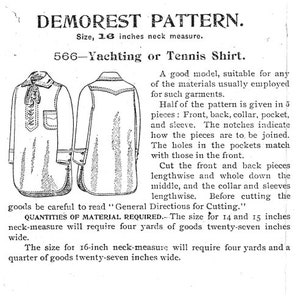 May include: A black and white line drawing of a shirt pattern for a yachting or tennis shirt. The pattern is for a size 16, 16 inches neck measure. The text "Demorest Pattern" is at the top of the image. The text "566-Yachting or Tennis Shirt" is below the pattern.