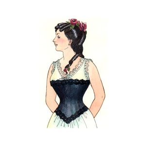 Puede incluir: Una mujer con un corsé negro con ribete de encaje blanco y una falda blanca. Tiene el pelo oscuro con rosas rojas en el pelo.
