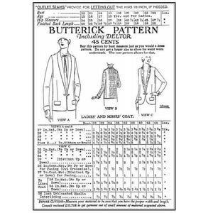 May include: Vintage Butterick pattern No. 6945 for a Ladies' and Misses' coat, including Delor. The pattern features illustrations of the coat in different views, with bust sizes from 32 to 44 inches. Copyright January 1, 1985.