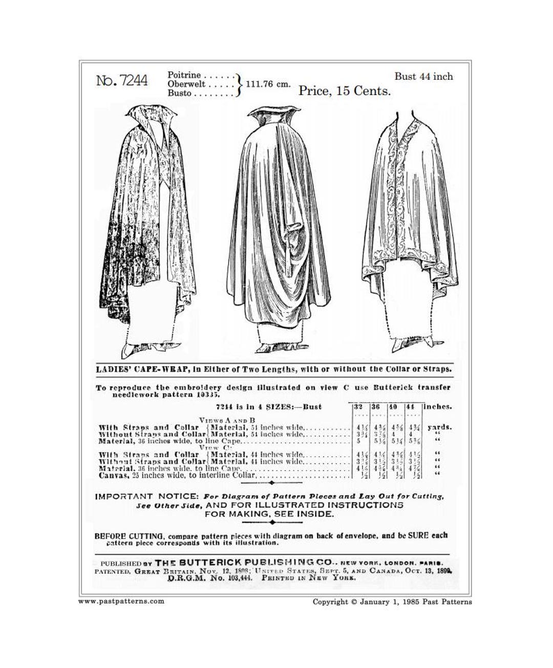 Past Patterns 7244 Download - Mid 1910s Cape Wrap Sewing