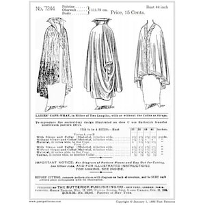 Könnte beinhalten: Ein Vintage-Schnittmuster für einen Damen-Kapuzenumhang. Das Schnittmuster enthält Anweisungen zum Nähen des Umhangs mit oder ohne Kragen und Träger. Das Schnittmuster ist in vier Größen erhältlich: 32, 36, 40 und 44 Zoll. Das Schnittmuster stammt von der Butterick Publishing Company und wurde in New York gedruckt.