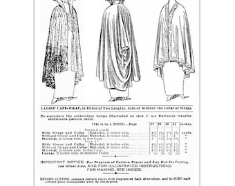 Past Patterns 7244 Download - Mid 1910s Cape Wrap Sewing Pattern bust size 44 b44 Butterick Pattern reproduction 10s Edwardian Age