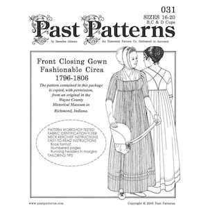 Könnte beinhalten: Eine Schwarzweiß-Zeichnung von zwei Frauen in Kleidern aus dem 18. Jahrhundert. Das Schnittmuster ist für ein vorne zu schließendes Kleid, modisch um 1796-1806. Das Schnittmuster stammt von Past Patterns, einem historischen Schnittmusterunternehmen, das sich der Genauigkeit verschrieben hat. Das Schnittmuster ist werkstattgeprüft und beinhaltet Stoffidentifizierung, Anleitungen für das Halstuch, leicht verständliche Anleitungen, nummerierte Seiten, laufende Kopfzeilen in den Rändern und Schneidertipps.