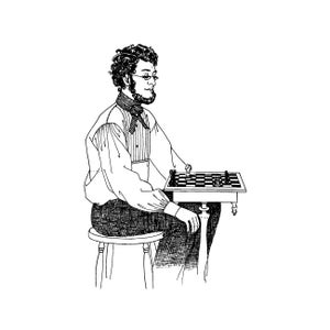 May include: A man sits on a stool and plays chess at a small table. He is wearing a white shirt with a striped pattern and a dark tie. The chessboard is set up with pieces on it.