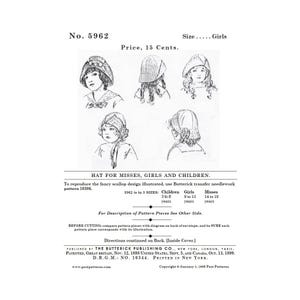 May include: Vintage hat pattern illustration for misses, girls, and children. The image features several hat designs, with detailed drawings and text. The pattern includes sizing information for different age groups and instructions for use. The text includes the pattern number, price, and publisher information.