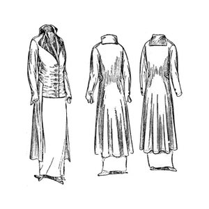 May include: A black and white line drawing of a long coat with a high collar and a skirt. The coat is shown from the front, back, and side views.