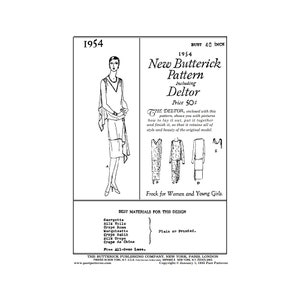 Past Patterns 1954F Download - Late 1920s Frock Sewing Pattern bust sizes 40-42 Butterick reproduction Roaring 20s flapper era