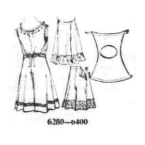 May include: A vintage sewing pattern for a sleeveless dress with a gathered skirt and a lace trim. The pattern number is 6280-b-400.