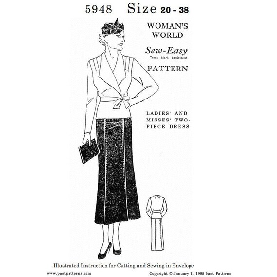Mid 1930s Slip-On Dress Sewing Pattern bust 38 b38 reproduction | 2858 |  Past Patterns