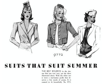 Past Patterns 9772 - Late 1930s Bolero Jacket Sewing Pattern bust 34 b34 waist 28 w28 McCall Pattern Co reproductions 30s