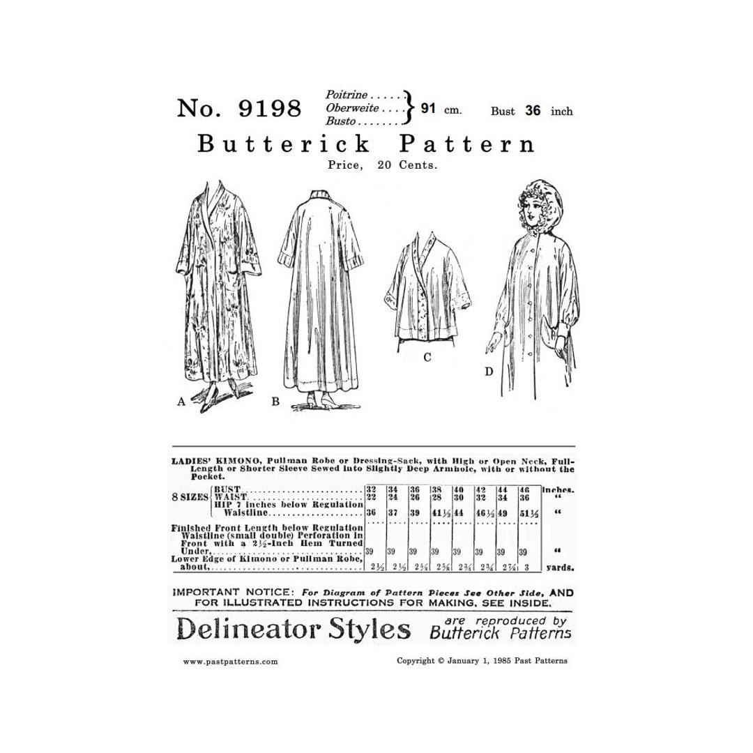 Past Patterns 9198 Download - Edwardian Kimono Sewing Pattern Bust 36 ...