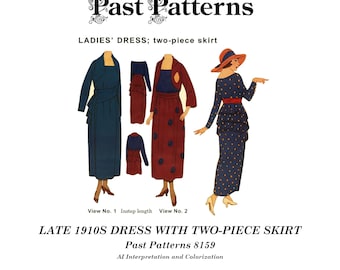 Late 1910s Dress Sewing Pattern – Two-Piece Skirt, Bust 34 (Digital Download). - Past Patterns 8159