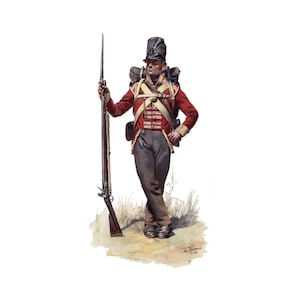 May include: Illustration of a British soldier in a red coat, gray pants, and black boots, holding a rifle with a bayonet. The soldier wears a black hat and carries a backpack. The artwork is set against a white background.