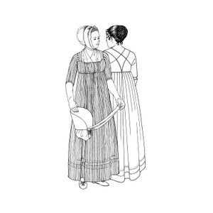 May include: Two women in long dresses from the 1800s. The woman on the left is wearing a striped dress with a bonnet and holding a hat. The woman on the right is wearing a plain dress with a simple hairstyle.