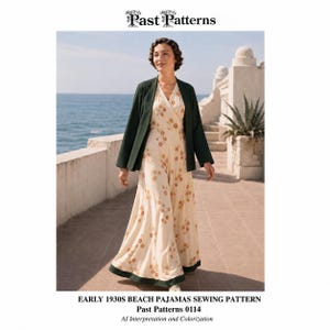 Könnte beinhalten: Ein Schnittmuster für ein Strand-Ensemble aus den frühen 1930er Jahren, bestehend aus einem cremefarbenen Wickelkleid mit orange-braunem Blumenmuster, einem dunkelgrünen Saum und einer passenden dunkelgrünen Jacke mit langen Ärmeln.