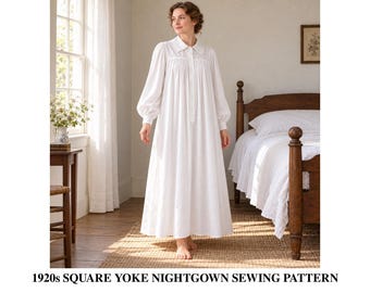 May include: A white floor-length nightgown with a square yoke, long sleeves with cuffs, and a button-down front. The text reads Past Patterns, 1920s SQUARE YOKE NIGHTGOWN SEWING PATTERN, Past Patterns 8552, AI Interpretation and Colorization.