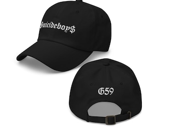May include: Black baseball cap with white embroidered text "Suicideboys" on the front and "659" on the back.